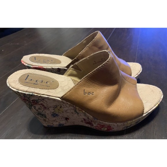 BOC Shoes - BOC 9/40.5 Tan Floral Wedge One Band Slide Sandal EUC